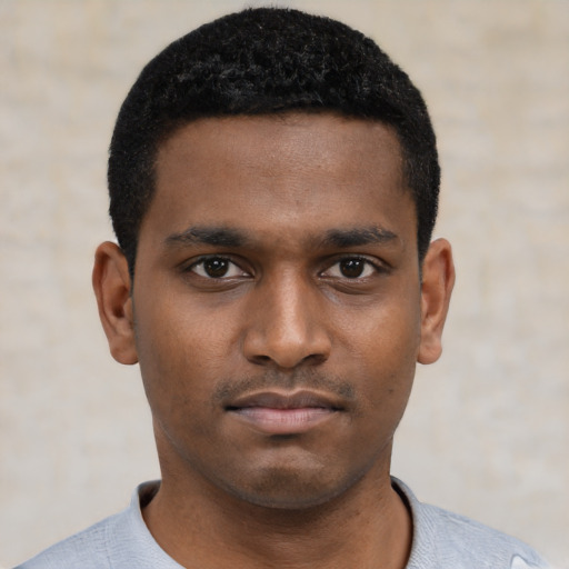Neutral black young-adult male with short  black hair and brown eyes