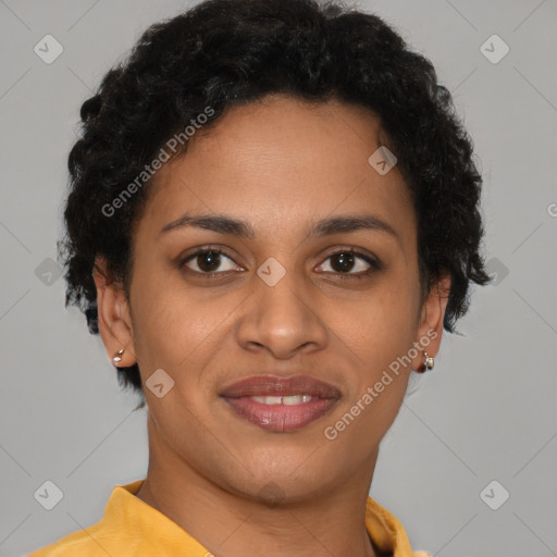 Joyful latino young-adult female with short  brown hair and brown eyes