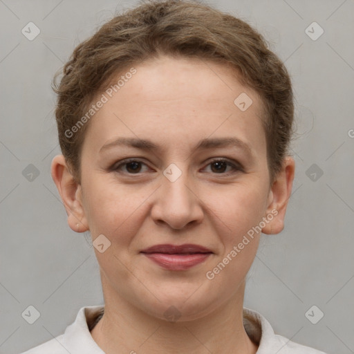 Joyful white young-adult female with short  brown hair and grey eyes