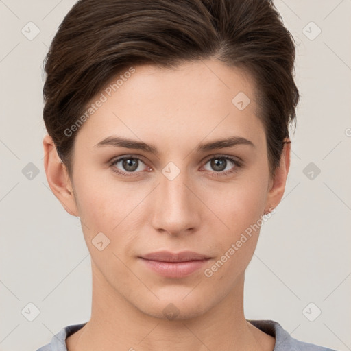 Neutral white young-adult female with short  brown hair and brown eyes