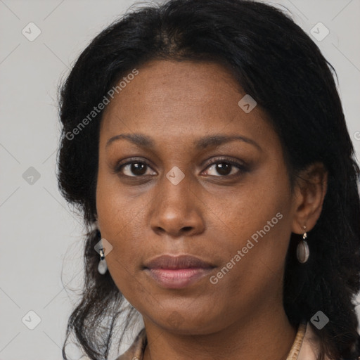 Neutral black adult female with medium  brown hair and brown eyes