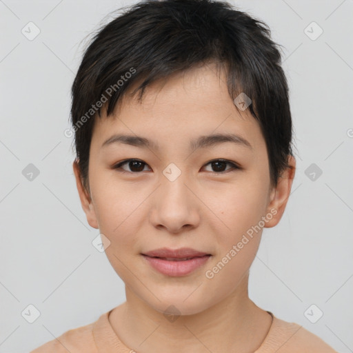 Joyful asian young-adult female with short  brown hair and brown eyes