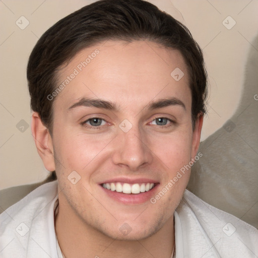 Joyful white young-adult female with short  brown hair and grey eyes