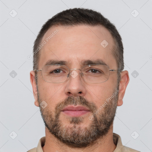 Neutral white adult male with short  brown hair and brown eyes