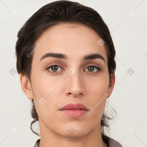 Neutral white young-adult female with short  brown hair and brown eyes