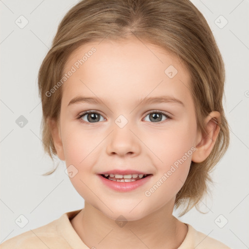 Joyful white child female with medium  brown hair and brown eyes