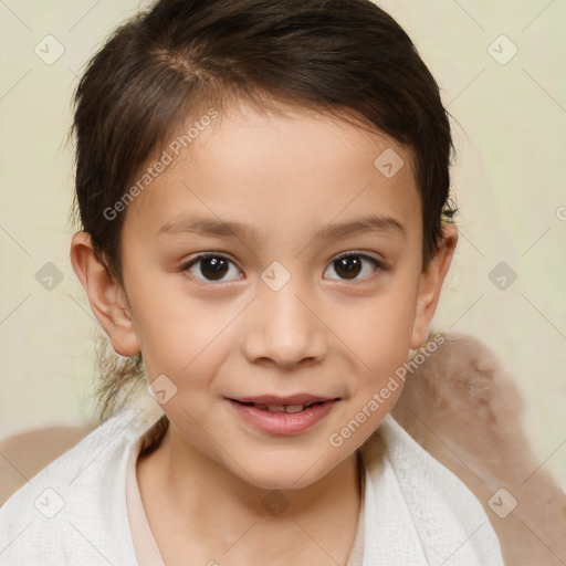 Joyful white child female with short  brown hair and brown eyes