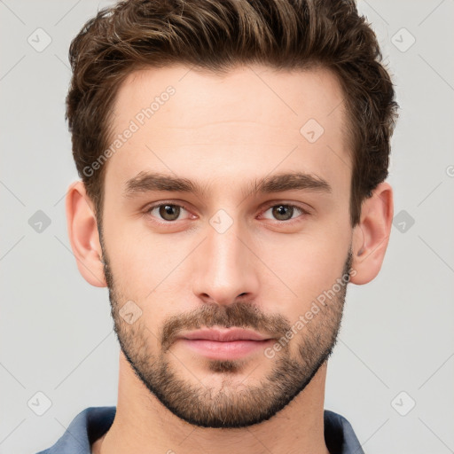 Neutral white young-adult male with short  brown hair and grey eyes