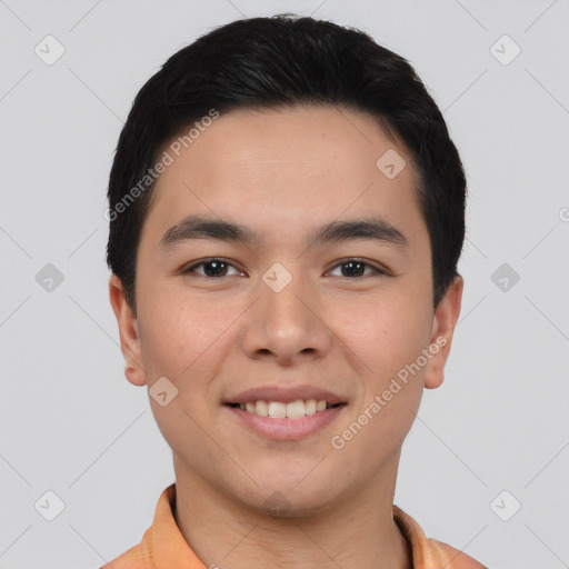 Joyful white young-adult male with short  black hair and brown eyes