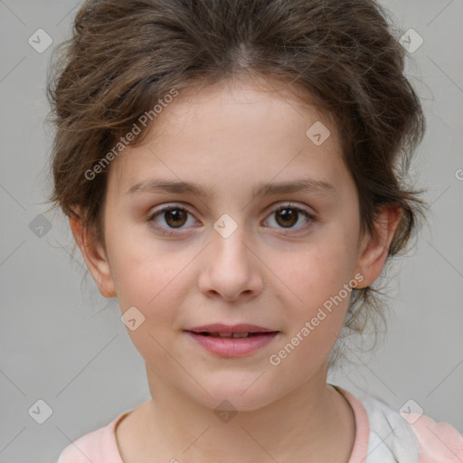 Joyful white child female with medium  brown hair and brown eyes