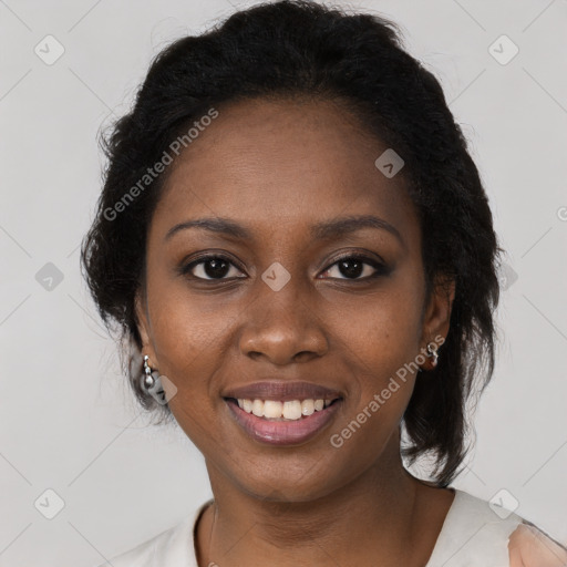 Joyful black young-adult female with medium  black hair and brown eyes