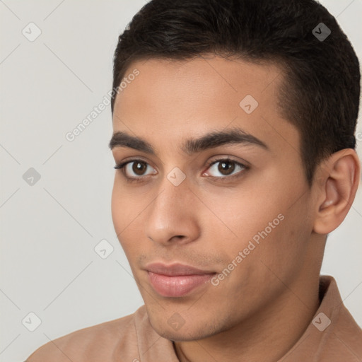 Neutral white young-adult male with short  brown hair and brown eyes