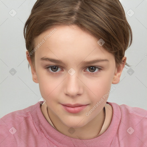 Joyful white child female with short  brown hair and brown eyes