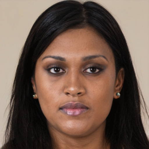 Neutral asian young-adult female with long  black hair and brown eyes