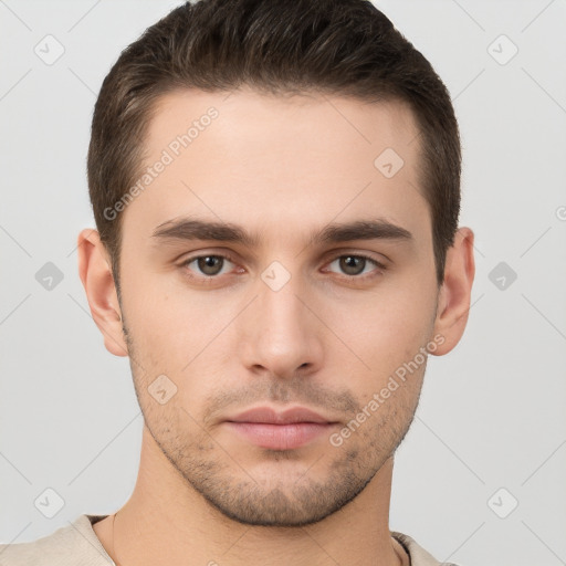 Neutral white young-adult male with short  brown hair and brown eyes