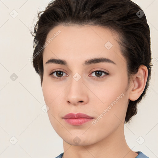 Neutral white young-adult female with medium  brown hair and brown eyes