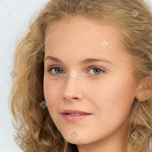 Neutral white young-adult female with long  brown hair and grey eyes