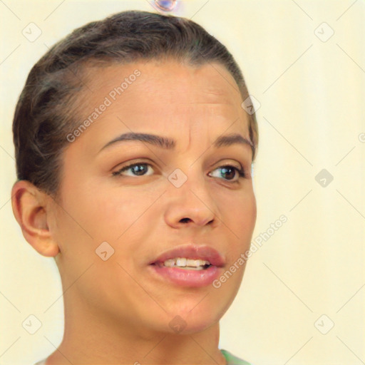 Joyful white young-adult female with short  brown hair and brown eyes