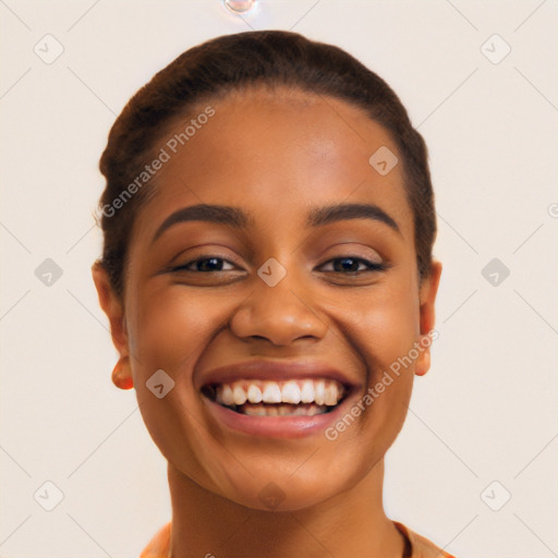 Joyful white young-adult female with short  black hair and brown eyes