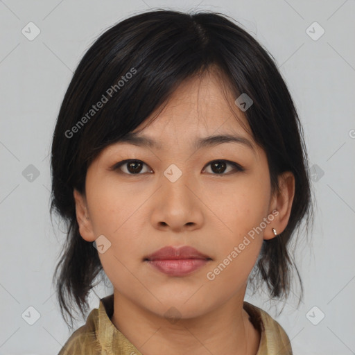 Neutral asian young-adult female with medium  brown hair and brown eyes
