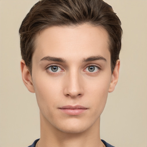 Neutral white young-adult male with short  brown hair and brown eyes