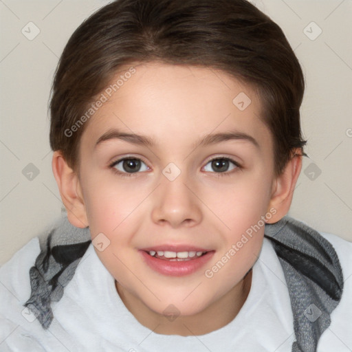 Joyful white child female with medium  brown hair and brown eyes