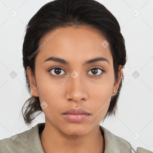 Neutral latino young-adult female with medium  brown hair and brown eyes