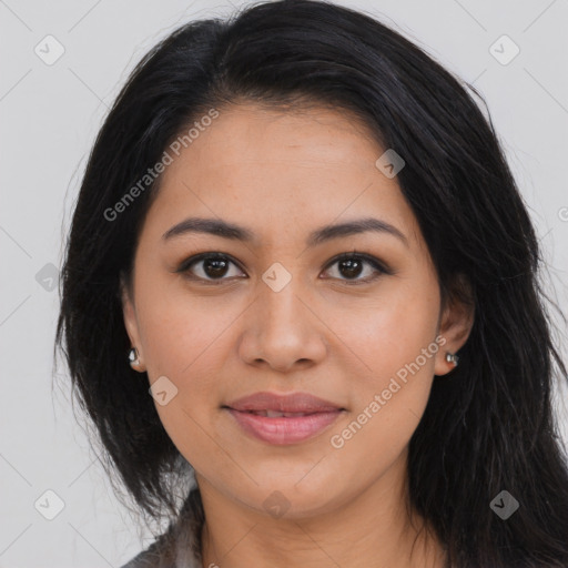 Joyful asian young-adult female with long  brown hair and brown eyes