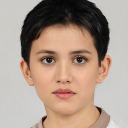 Neutral white young-adult female with short  brown hair and brown eyes