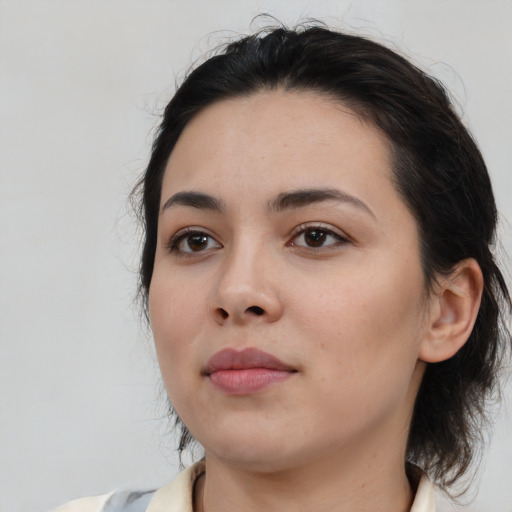 Neutral white young-adult female with medium  black hair and brown eyes