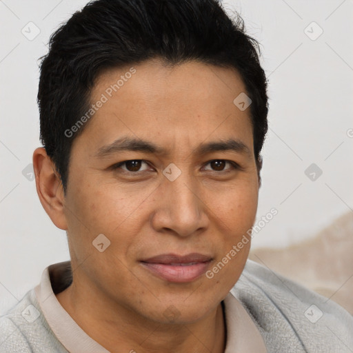 Joyful asian adult male with short  brown hair and brown eyes