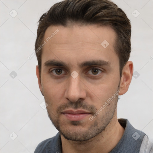 Neutral white young-adult male with short  brown hair and brown eyes