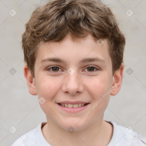 Joyful white child male with short  brown hair and brown eyes