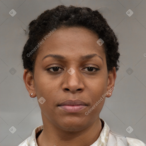 Neutral black young-adult female with short  brown hair and brown eyes