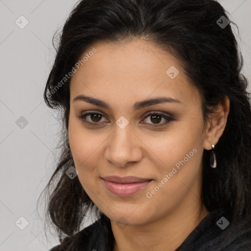 Joyful latino young-adult female with long  brown hair and brown eyes