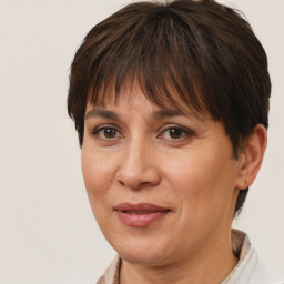 Joyful white adult female with short  brown hair and brown eyes