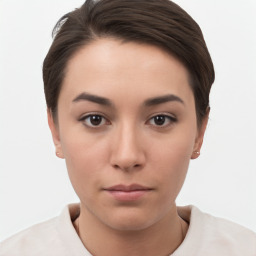 Neutral white young-adult female with short  brown hair and brown eyes