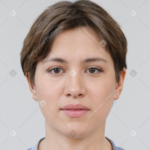 Neutral white young-adult female with short  brown hair and brown eyes