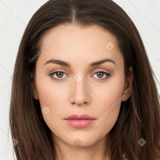 Neutral white young-adult female with long  brown hair and brown eyes