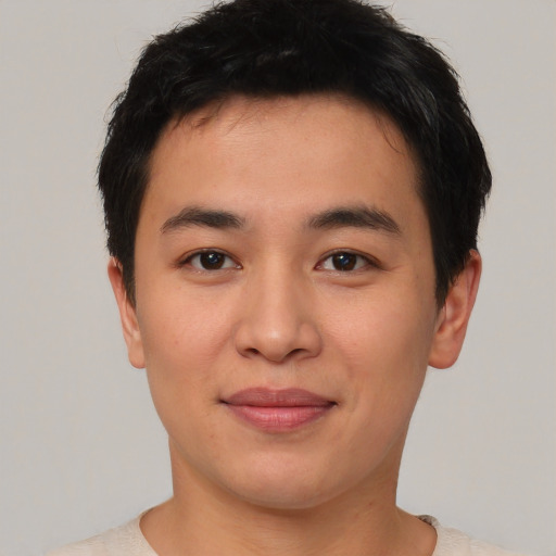 Joyful asian young-adult male with short  brown hair and brown eyes