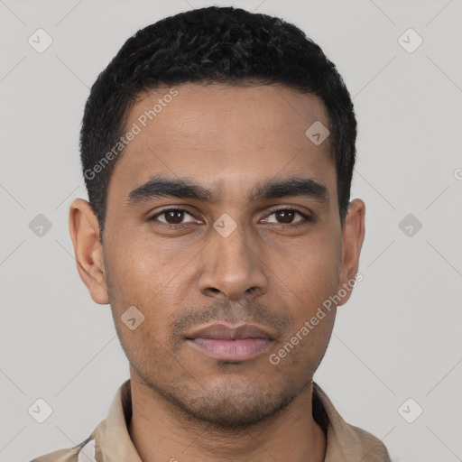 Neutral latino young-adult male with short  black hair and brown eyes