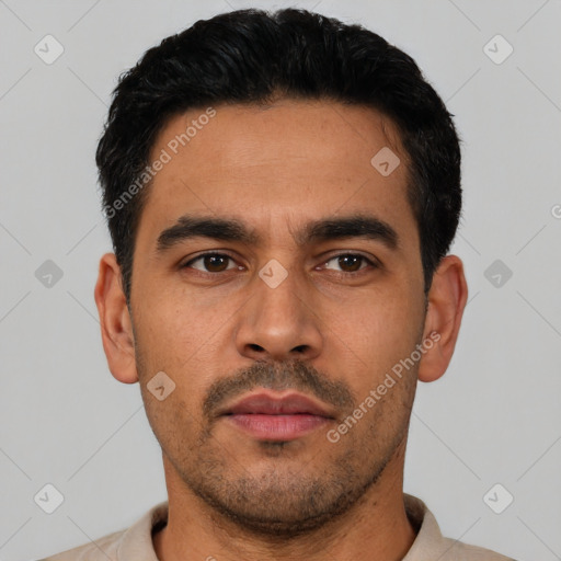 Neutral latino young-adult male with short  black hair and brown eyes