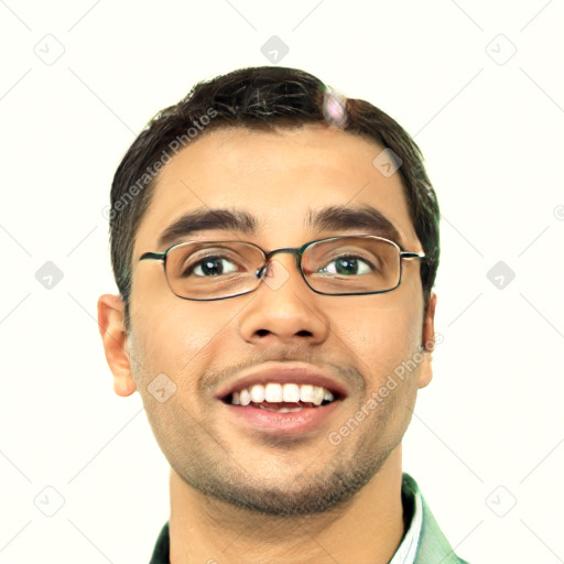 Joyful white young-adult male with short  black hair and brown eyes