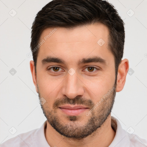 Joyful white young-adult male with short  brown hair and brown eyes