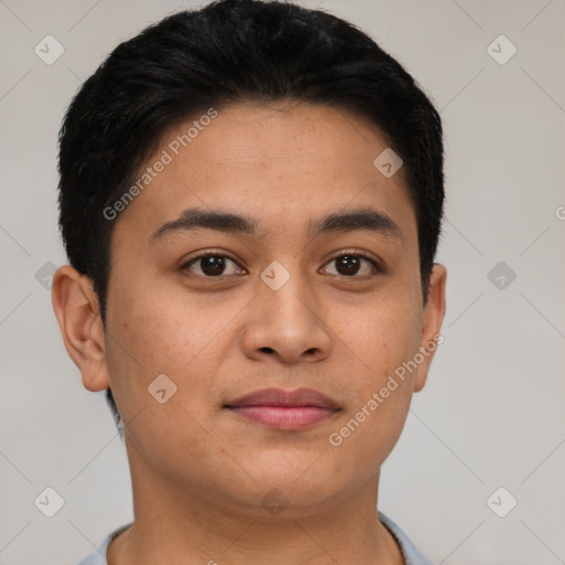 Joyful latino young-adult male with short  brown hair and brown eyes