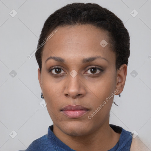 Neutral black young-adult female with short  black hair and brown eyes