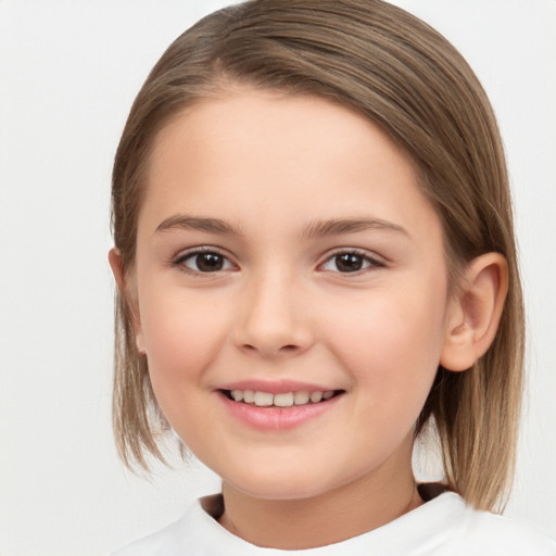 Joyful white child female with medium  brown hair and brown eyes