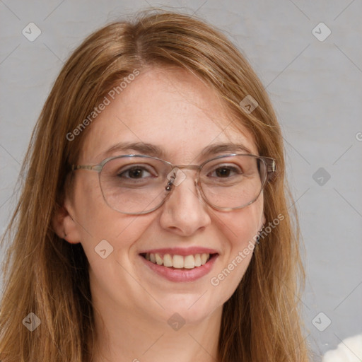 Joyful white adult female with long  brown hair and brown eyes