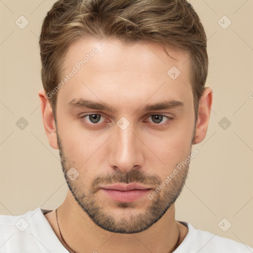 Neutral white young-adult male with short  brown hair and brown eyes