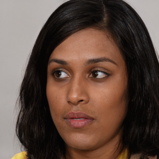 Neutral asian young-adult female with long  black hair and brown eyes